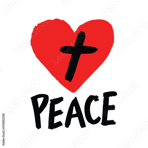 Peace symbol with red heart and black cross illustration for faith, love, hope