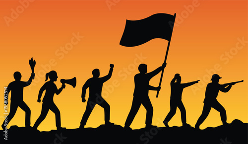 Silhouette of protesters marching with flag, megaphone, and weapons at sunset, symbol of revolution, resistance, and civil unrest