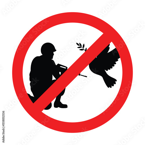 Anti-war symbol with soldier and dove in prohibition sign, concept illustration for peace, disarmament, and anti-violence campaigns