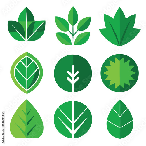 Colorful Tree Leaves Icon Set – 9 Flat Nature Symbols Vector