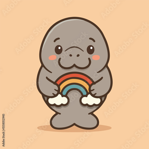Manatee's Rainbow Embrace: An adorable cartoon manatee cradles a vibrant rainbow, evoking feelings of joy and optimism.
