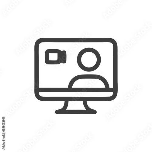 Video conference icon suitable for technology websites, communication platforms. Vibrant video call illustration on computer screen for presentations, social media.