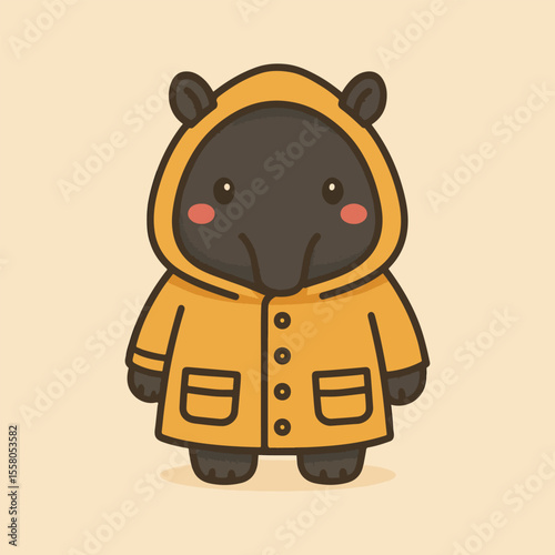 Cute Tapir in Raincoat: An adorable cartoon tapir wearing a yellow raincoat, perfect for children's books, clothing, or any project needing a touch of cute rainforest charm.