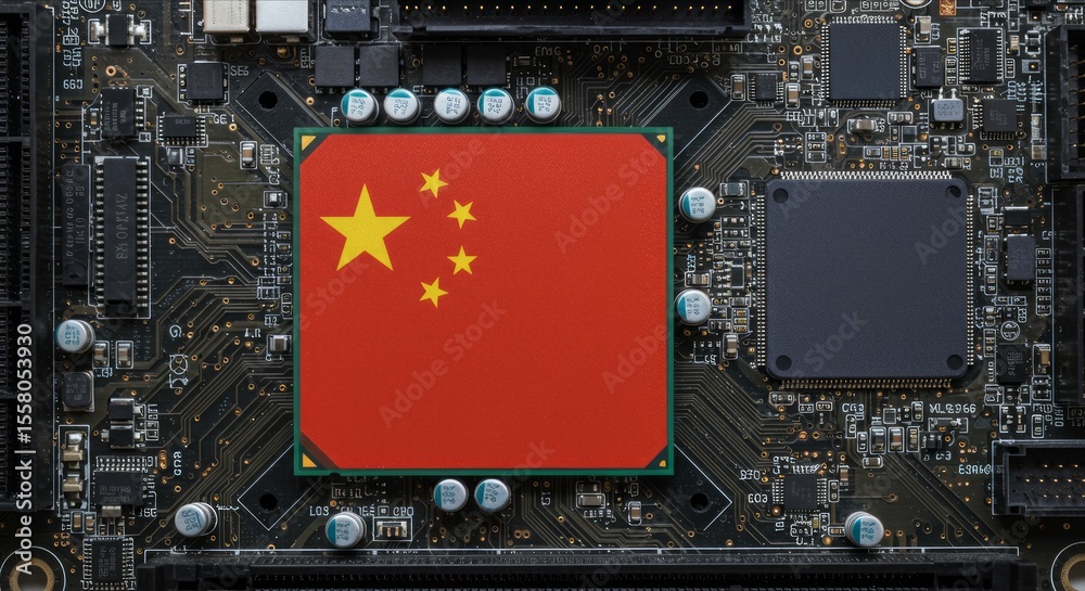 Fototapeta premium China Flag on CPU Chip, Symbol of Global Chip War and Semiconductor Technology Race, Semiconductor Industry and Tech Dominance.