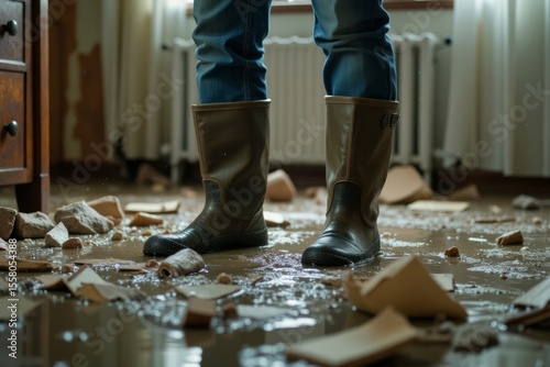 Person in waterproof boots walks through a flooded room.