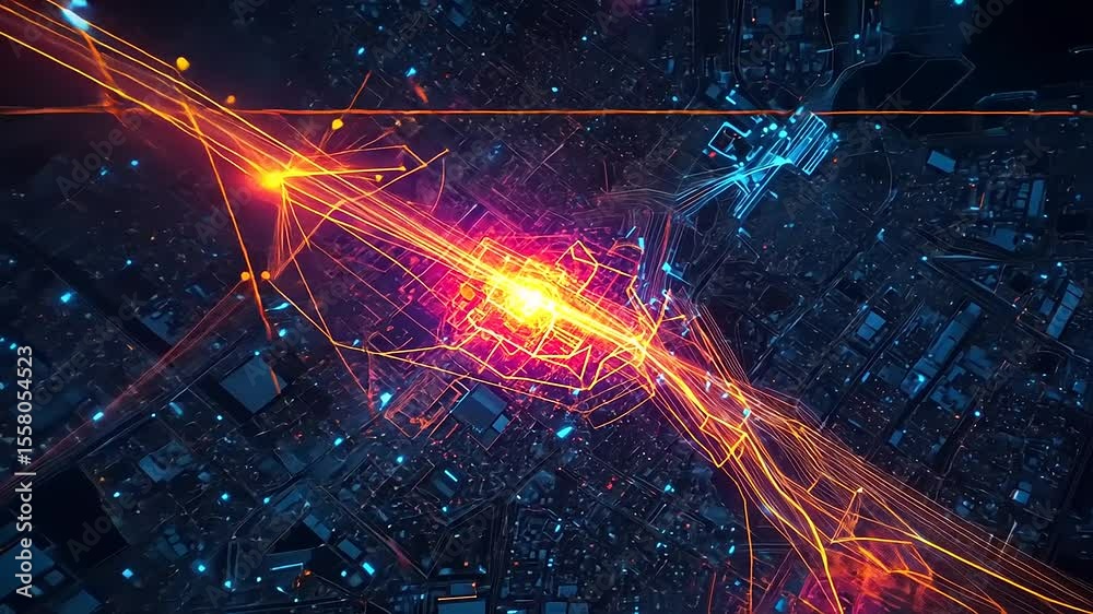 Aerial view of a vibrant city illuminated at night with colorful data overlays depicting traffic flow
