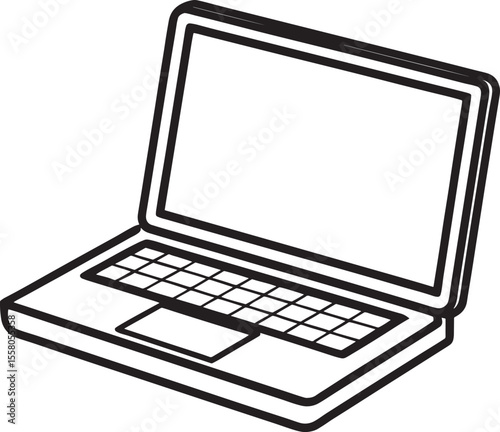 Simple black and white line art illustration of an open laptop computer silhouette isolated on white background
