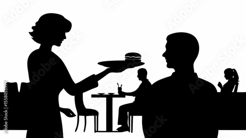 Silhouette of a waitress serving a burger to a customer in a restaurant setting with other patrons around