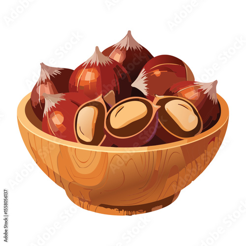 Opened Chestnuts in Wooden Bowl - Vector Illustration
