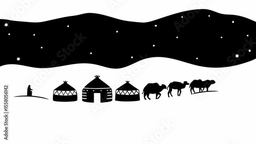 Silhouette of nomadic tents and camels under a starry night sky in a minimalist black and white design
