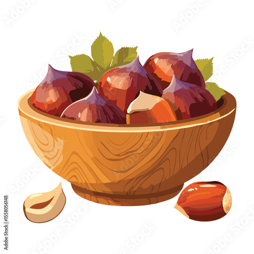 Chestnuts in Bowl with Peeled Nuts - Vector Illustration