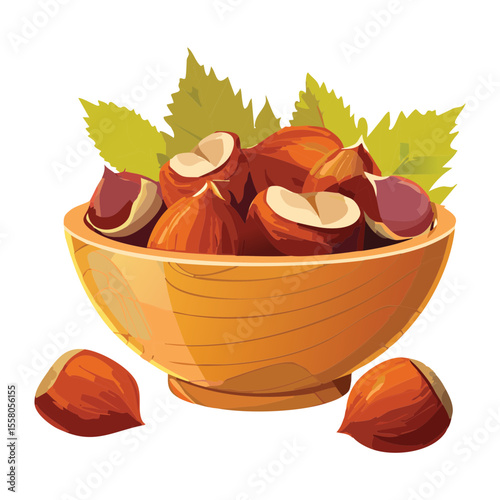 Chestnuts in Wooden Bowl with Leaves - Vector Illustration