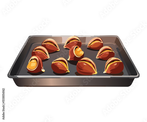 Roasted Chestnuts on Baking Tray - Vector Illustration
