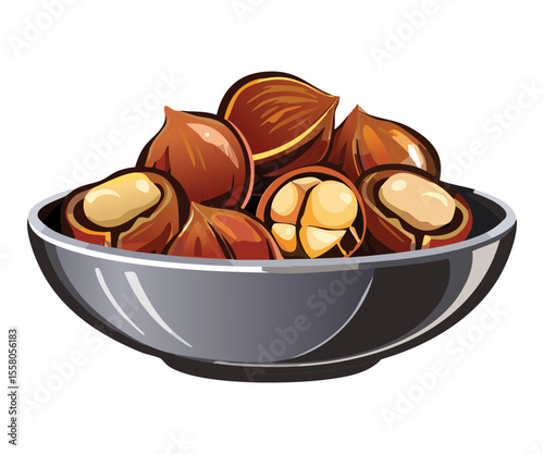 Bowl of Chestnuts with Peeled Nuts - Vector Illustration
