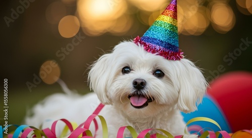 A small Maltese dog wearing a rainbow birthday hat with colorful party streamers, Celebrate the birthday of your favorite fluffy friend with this adorable dog photo