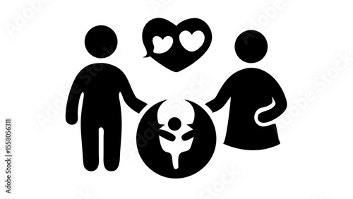 Family with pregnant mother and father with baby in womb and heart love bubble illustration silhouette