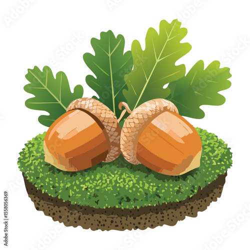 Acorns with Leaves on Green Mound - Vector Illustration