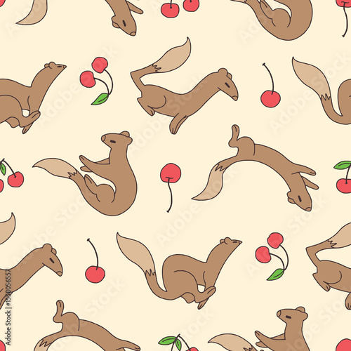 Vector Seamless Pattern of Weasel Animal Cherry Background for Fashion Wrapping Print Fabric Surface