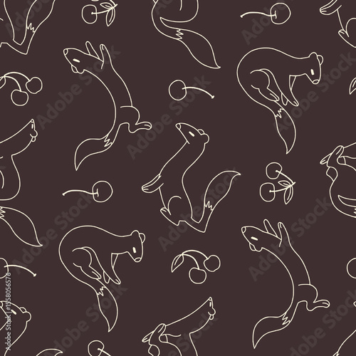 Outline Vector Seamless Pattern of Weasel Animal Cherry Background for Fashion Wrapping Print Fabric