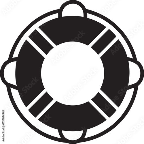 Black silhouette of a lifebuoy with white inner circle and handles isolated on white background
