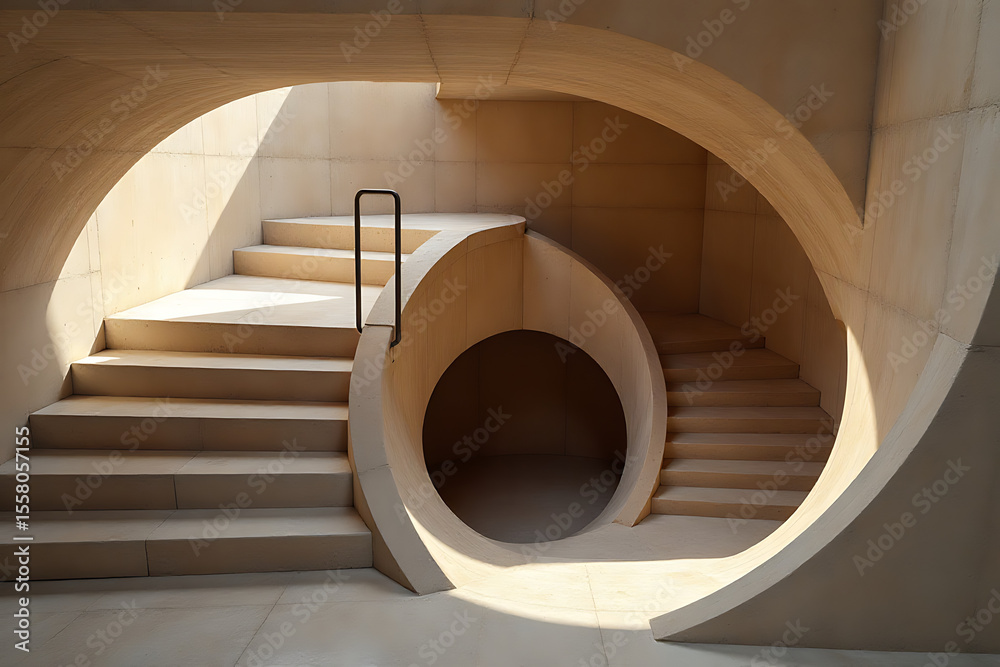 Fototapeta premium Curved Concrete Spiral Staircase with Natural Light Accents