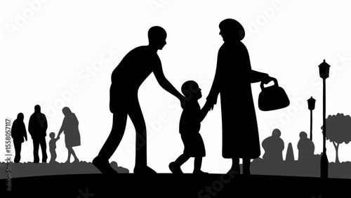 Silhouette of family walking in a park with trees and streetlights in the background on a sunny day