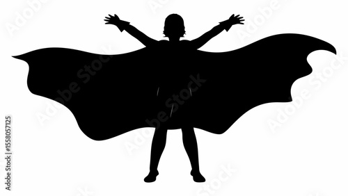 Silhouette of a superhero with arms raised and a cape flowing, standing confidently on a white background