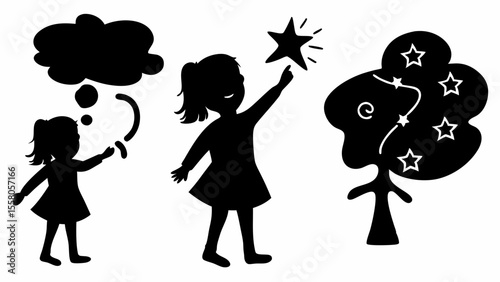 Silhouette of girls reaching for stars and a tree with stars, with a thought bubble and dream bubble, black