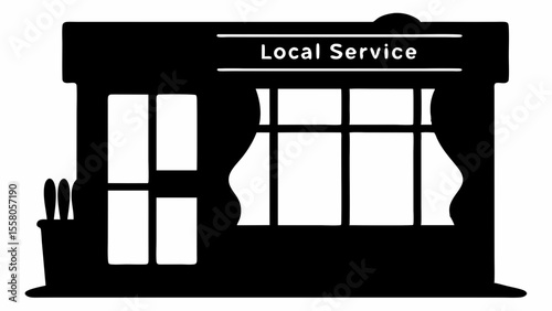 Silhouette of a local service shop with a sign above the windows and a plant pot outside the door
