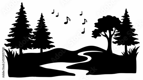 Silhouette landscape with evergreen trees, deciduous tree, winding river, and floating music notes design