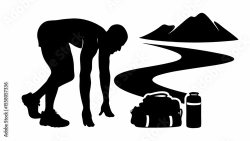 Silhouette of a runner in starting position with mountains and gear in the background ready to run