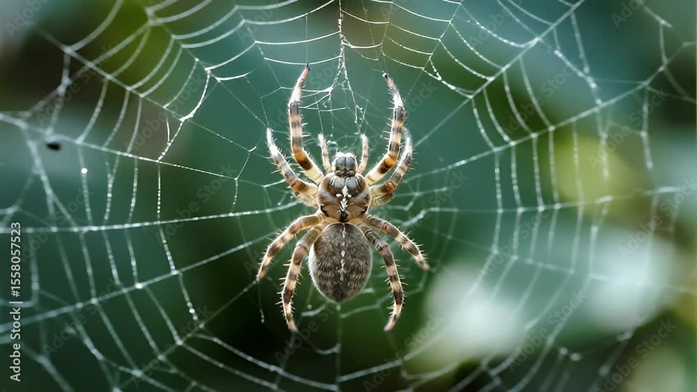 Macro photography of a European garden spider (Araneus diadematus) positioned in the middle of its orb-shaped web. 