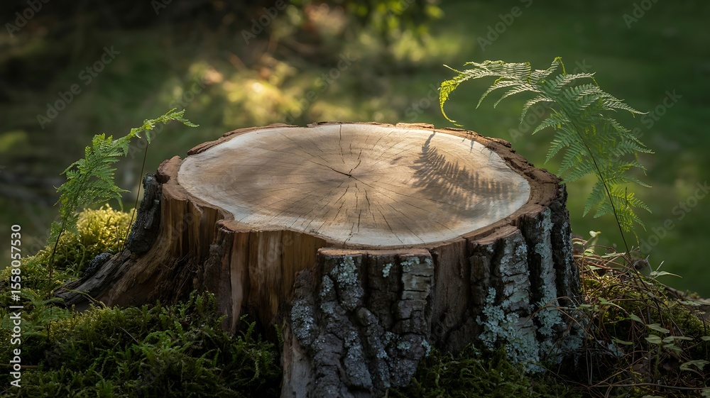 Fototapeta premium Tree stump with moss and ferns in dappled sunlight in a forest