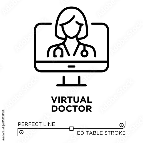 The line icon vector illustrates a doctor providing virtual health consultations. The line icon is isolated on a transparent background and can be edited as needed