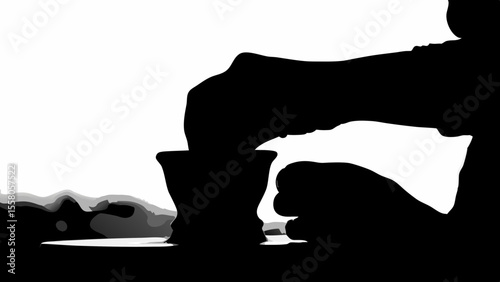 Silhouette of hands pouring liquid into a cup in front of a blurry landscape with a white background