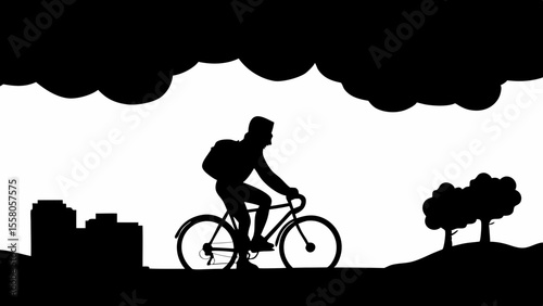 Silhouette of a cyclist with backpack riding a bicycle in a landscape with buildings and trees under clouds