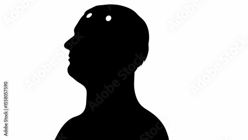 Silhouette of a man's head in profile with three white circles on the forehead against white background