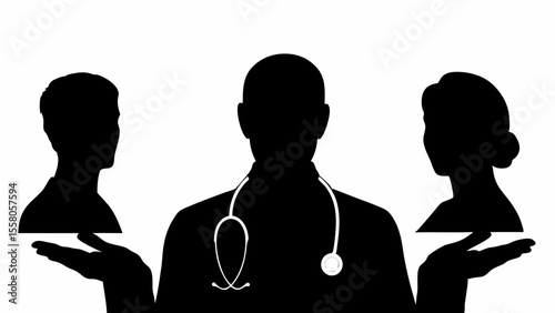 Silhouette doctor between two patients offering care and medical advice in a health concept image