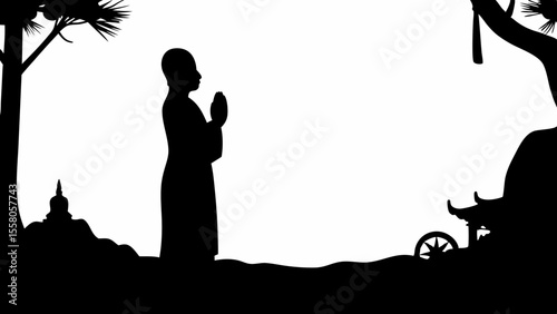 Silhouette of a mountain biker jumping off a cliff with a forest and mountains in the background scene outdoors