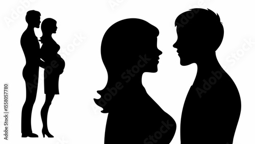 Silhouette illustration of a couple expecting a baby and another couple facing each other in black