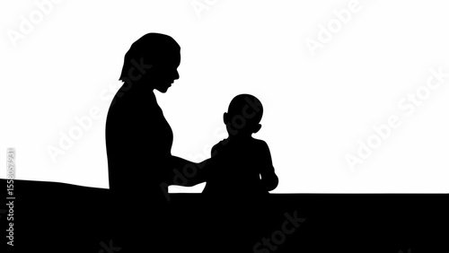 Silhouette of mother tenderly caring for her child in a loving embrace against a bright white background