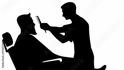 Silhouette of a barber combing the hair of a seated client in a barber chair in a black and white image