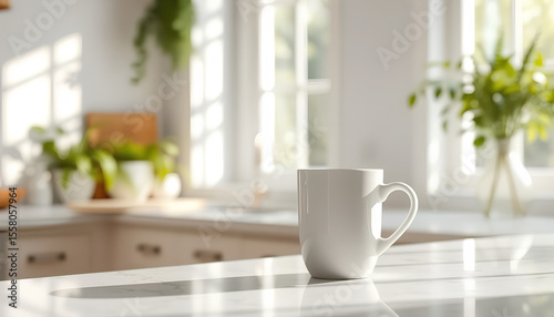 Wallpaper Mural White mug on a marble countertop with blurred greenery in the background, photorealistic rendering Torontodigital.ca