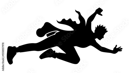 Silhouette of a superhero in flight with cape outstretched and arms reaching forward in a dynamic pose