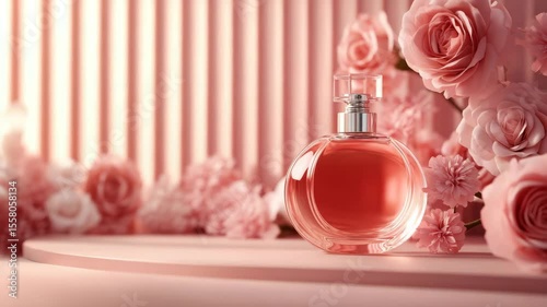 Perfume bottle with pink rose floral arrangement, elegant romantic feminine fragrance in glass, luxury soft light on round podium, blooming flowers, gentle inviting mood, decorative background