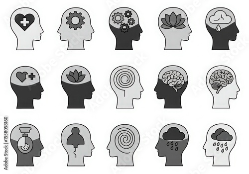 Collection of stylized human head profiles illustrating diverse mental states and cognitive processes with symbolic icons