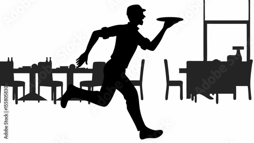 Silhouette of a running waiter carrying a tray in a restaurant with tables and chairs visible in the background