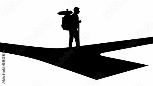 Silhouette of a traveler with backpack and signpost at a fork in the road showing decision making process
