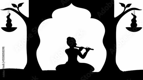 Silhouette of a person playing flute under an archway with hanging lamps and trees on each side