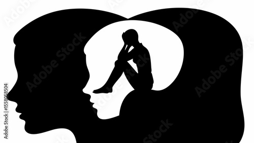 Silhouette of a woman's head with a smaller head inside containing a seated figure in black and white